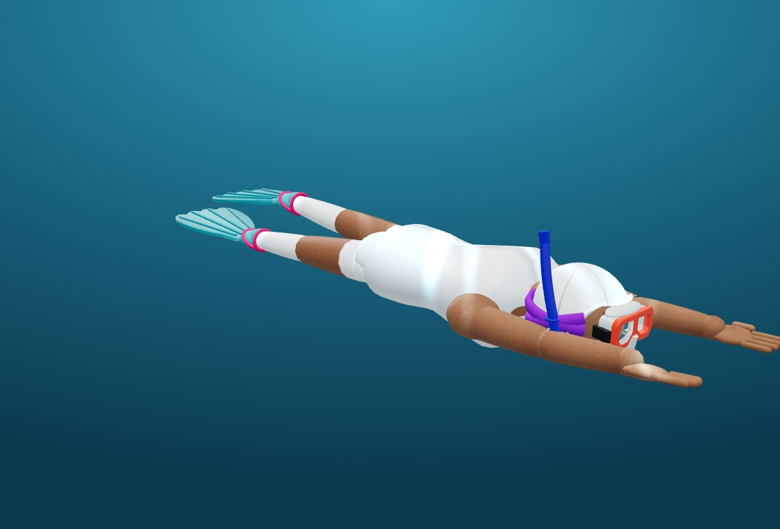 Jugador de rugby subacuático en 3D con careta naranja, snorkel azul rey, correas de reata y aletas turquesa