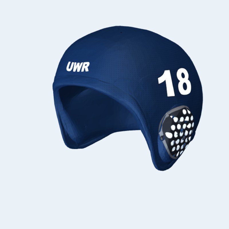 Gorro de waterpolo personalizado con orejeras, número 18 y colores de equipo — render del modelo 3D real